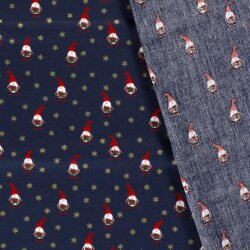 Popeline de coton imprimé gnomes de Noël - bleu nuit