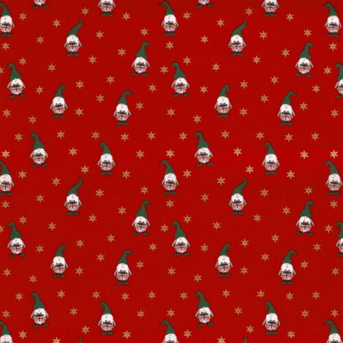 Cotton Poplin Foil Print Christmas Gnomes - Red