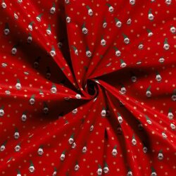 Bavlněný popelín s fóliovým potiskem vánočních skřítků - červený