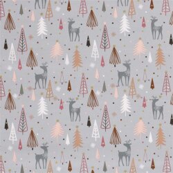 Cotton poplin foil print deer in the forest - satin grey