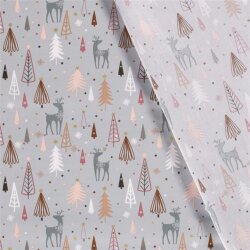 Cotton poplin foil print deer in the forest - satin grey