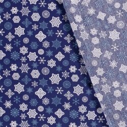 Bavlněné popelínové sněhové vločky - modrá/bílá