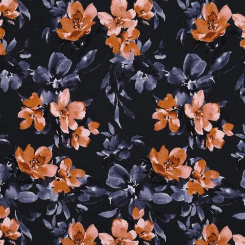 French Terry Digital fleurs - bleu foncé