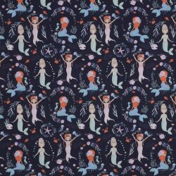 Cotton poplin digital mermaids - midnight blue