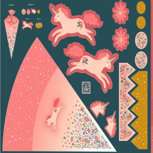 Cotton poplin digital panel school cone unicorn - coral