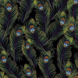 Polyester Jersey Digital Peacock Feathers - Black