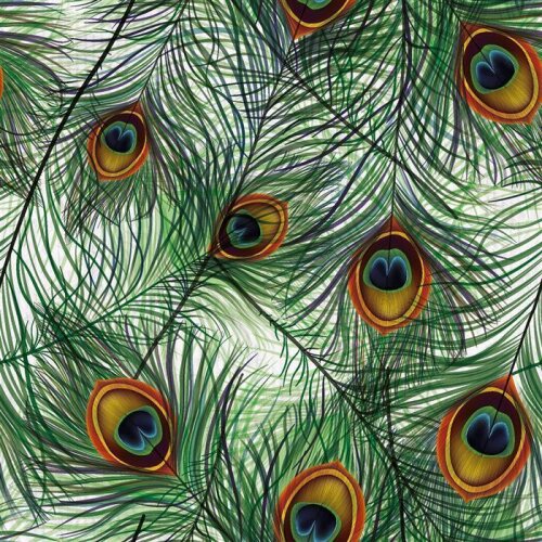 Módní tkanina Dekorace Fabric Digital Peacock Feathers - bílá