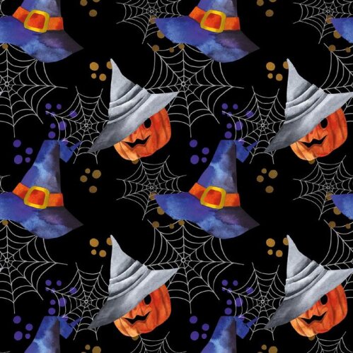 Polyester Jersey Foil Print Witch Pumpkin - Black