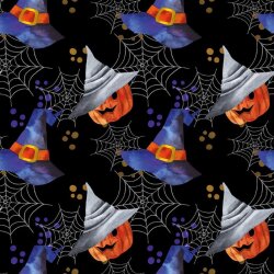 Polyester Jersey Foil Print Witch Pumpkin - Black