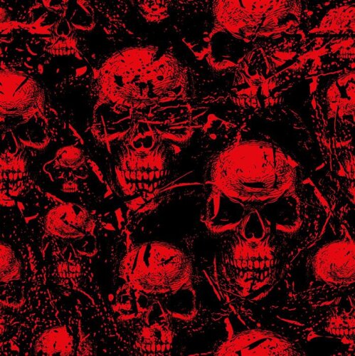 Polyester Jersey Foil Print Red Skulls - Black