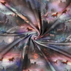 French Terry Digitale mystieke paardenwereld - licht lavendel