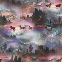 French Terry Digitální mystický svět koní - světle levandulová