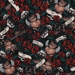 Digitální tetování French Terry srdce s růžemi - černé