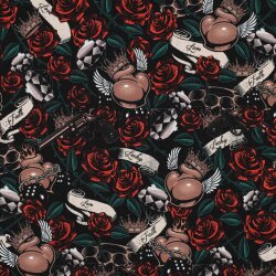 French Terry digital tattoo heart with roses - black