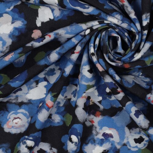 VISCOSE POPELINE STRETCH DIGITAL Fleurs - NAVY