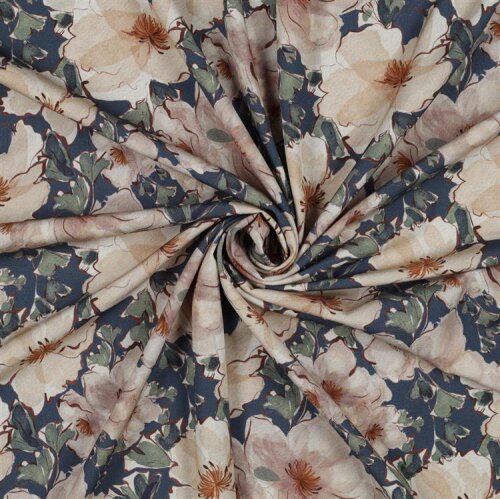 VISCOSE popelín de algodón stretch flores digitales - azul cian oscuro