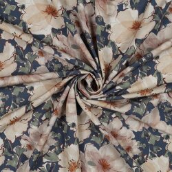 VISCOSE katoen popeline stretch digitale bloemen - donker cyaanblauw