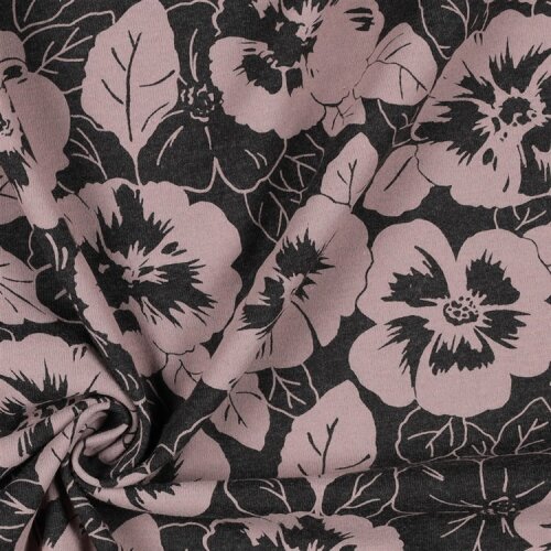 Baumwolljersey  Blumen - anthrazit meliert