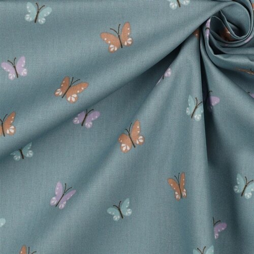 Baumwollpopeline Organic Vögel & Schmetterlinge - dunkelmint