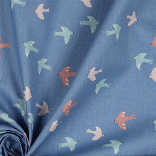 Cotton poplin organic birds & butterflies - jeans