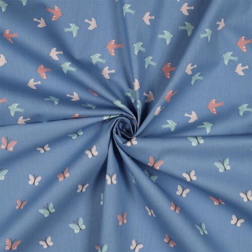 Cotton poplin organic birds & butterflies - jeans