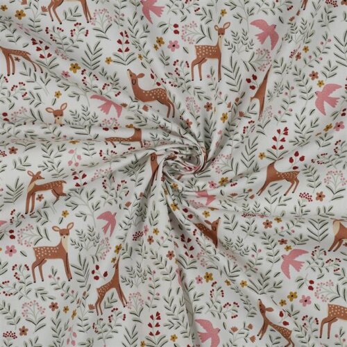 Popeline di cotone Fine Deer in the Forest - Bianco