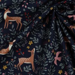 Bavlněný popelín jemný jelen v lese - modročerný