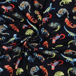 Katoenen tricot digitale kleurrijke cameleons - nachtblauw
