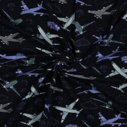 Katoenen tricot digitale vliegtuigen - donkerblauw