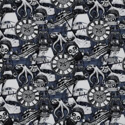 Katoenen tricot digitale schedel - blauw