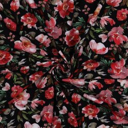 Cotton jersey digital watercolour flowers - black