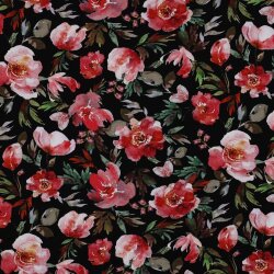 Jersey de coton Digital aquarelle fleurs - noir