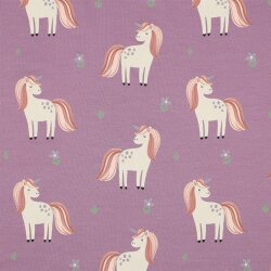 Katoenen tricot glitter unicorns - licht druif