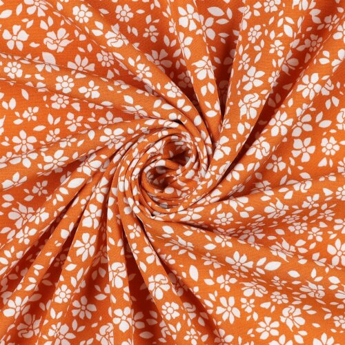 VISCOSE bavlněný popelín strečový malé květy - oranžový