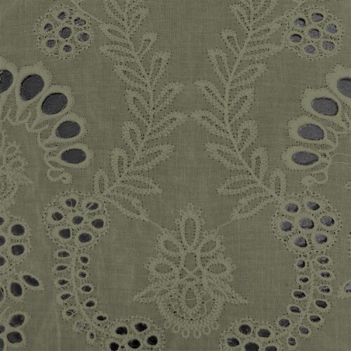 Mousseline broderie ajourée ornements floraux - olive