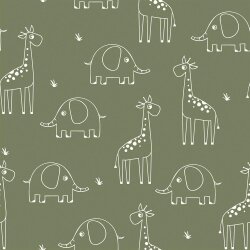 Mousseline Girafe & Eléphant - vert sapin doux