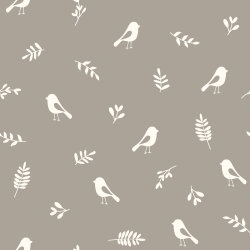 Mousseline vogels & twijgen - beige grijs