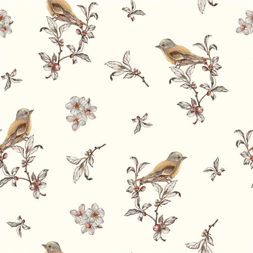 Mousseline Digital Oiseaux sur branches - blanc laine