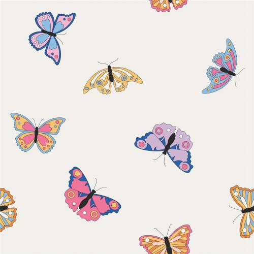 Bavlněný žerzej barevní motýli - krémový