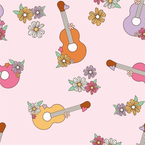 Jersey de coton Guitares fleuries - rose clair