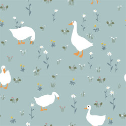 Cotton jersey swans in the meadow - light steel blue