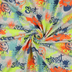 Baumwolljersey Neon Graffiti Smiley - cremegrau meliert