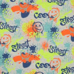 Baumwolljersey Neon Graffiti Smiley - cremegrau meliert