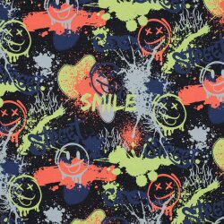 Baumwolljersey Neon Graffiti Smiley - indigoblau meliert