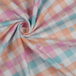 Baumwollflanell Herzen in Karos - mint/pfirsich