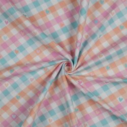 Baumwollflanell Herzen in Karos - mint/pfirsich