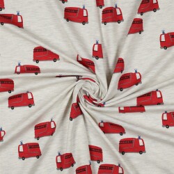 Baumwolljersey süsse Feuerwehrwagen - cremegrau meliert