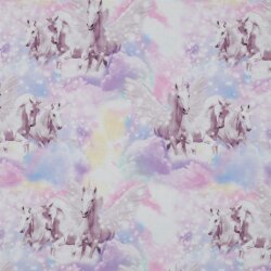 Baumwolljersey Digital Einhörner in Pastellwolken - helllavendel
