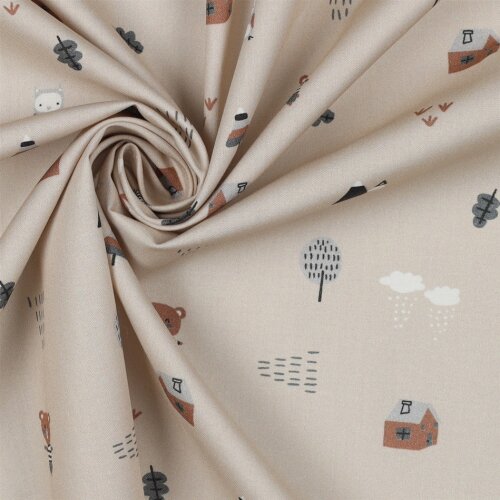 POPELINE FINE GOTS SWEET BEARS - TAUPE