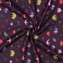 Baumwollpopeline bunte Vögel - aubergine